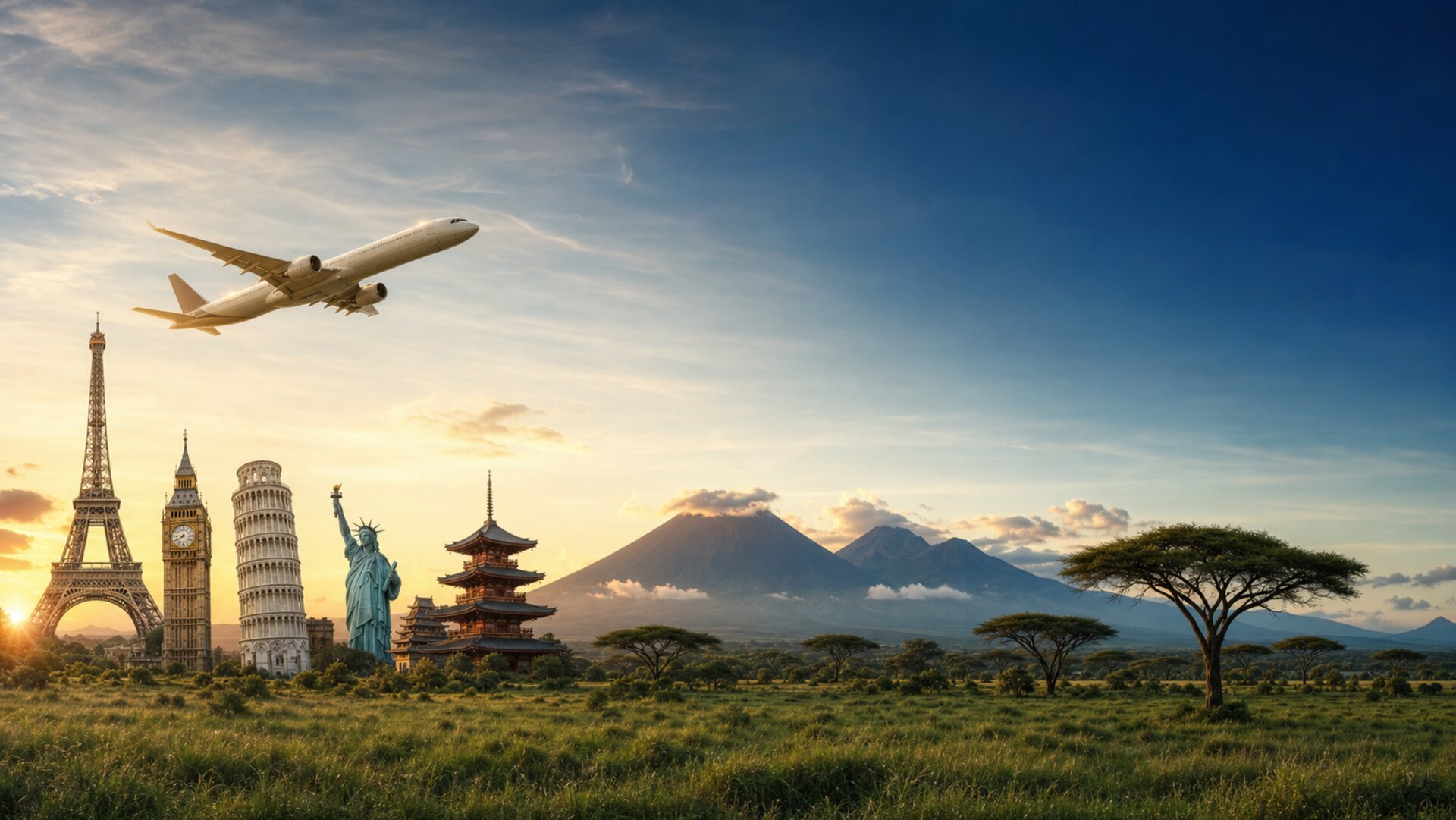 A modern airliner banking across a pastel sky above world landmarks and East African landscape
